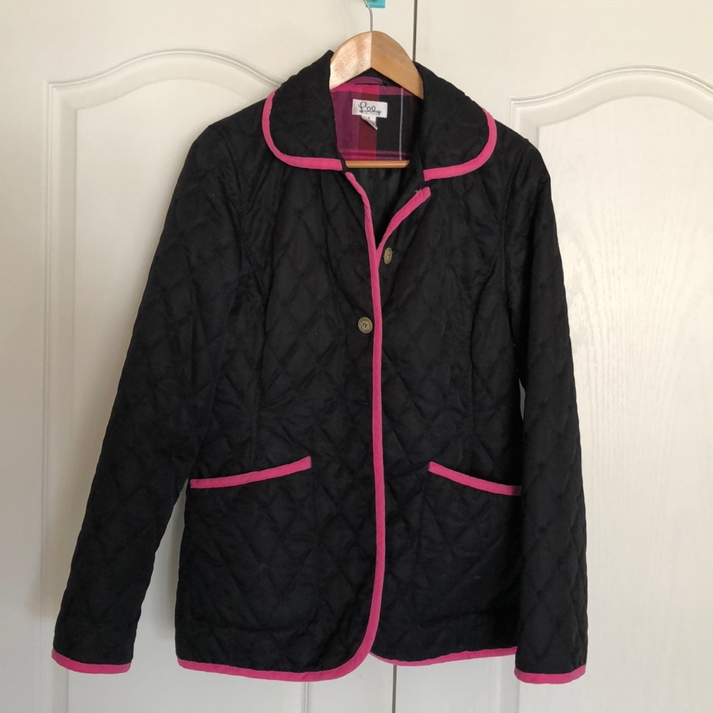 Lilly Pulitzer Quilted Black Jacket with pink trim